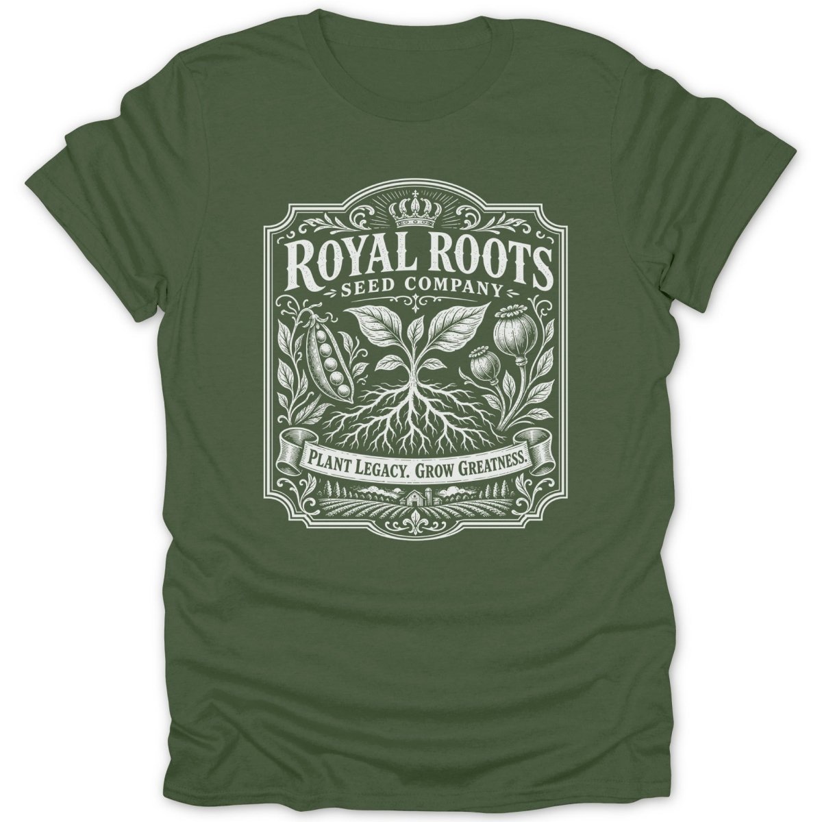 Green t-shirt with white Royal Roots Seed Company logo and "Plant Legacy. Grow Greatness."