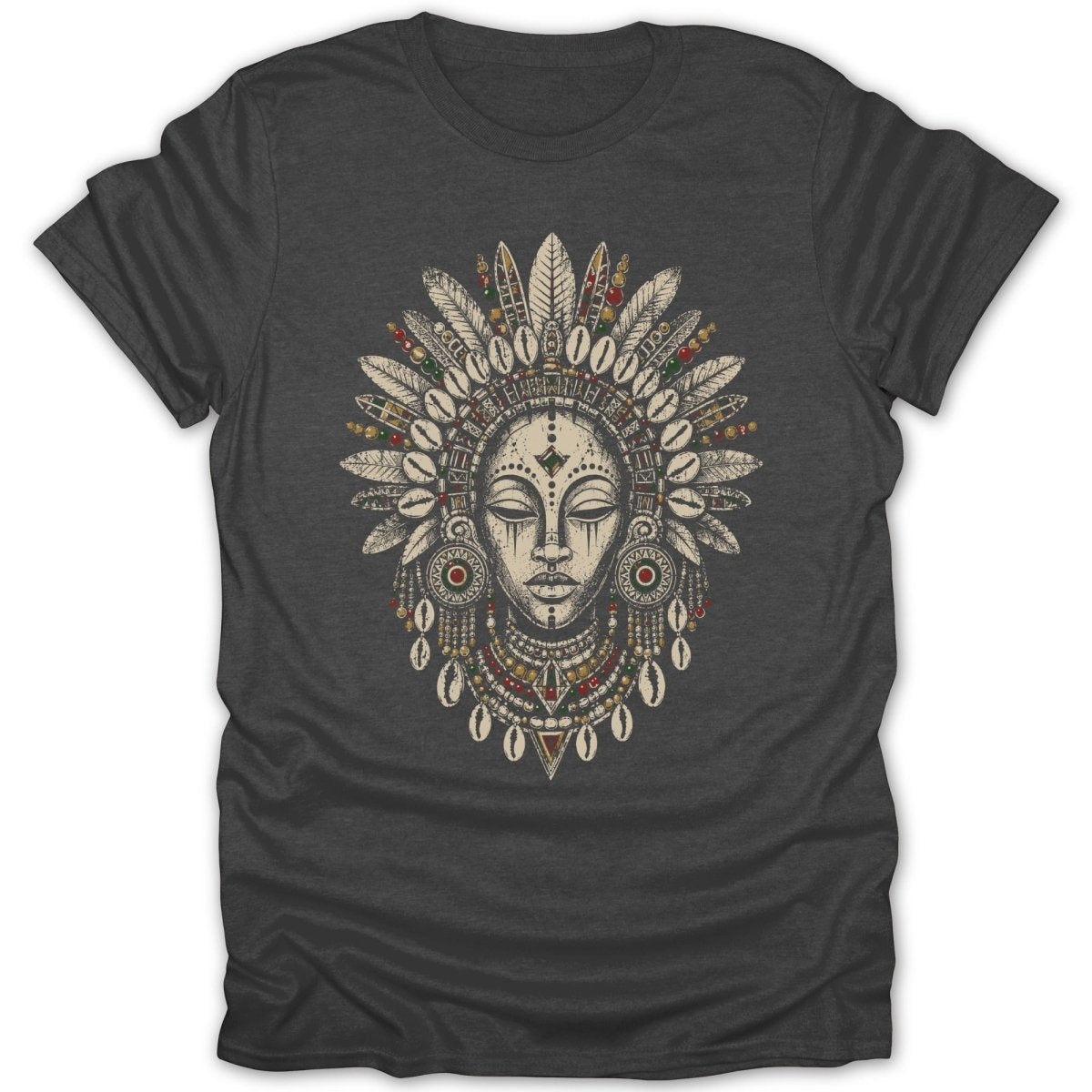 T-shirt featuring a dark gray color and a woman's face with tribal headdress.