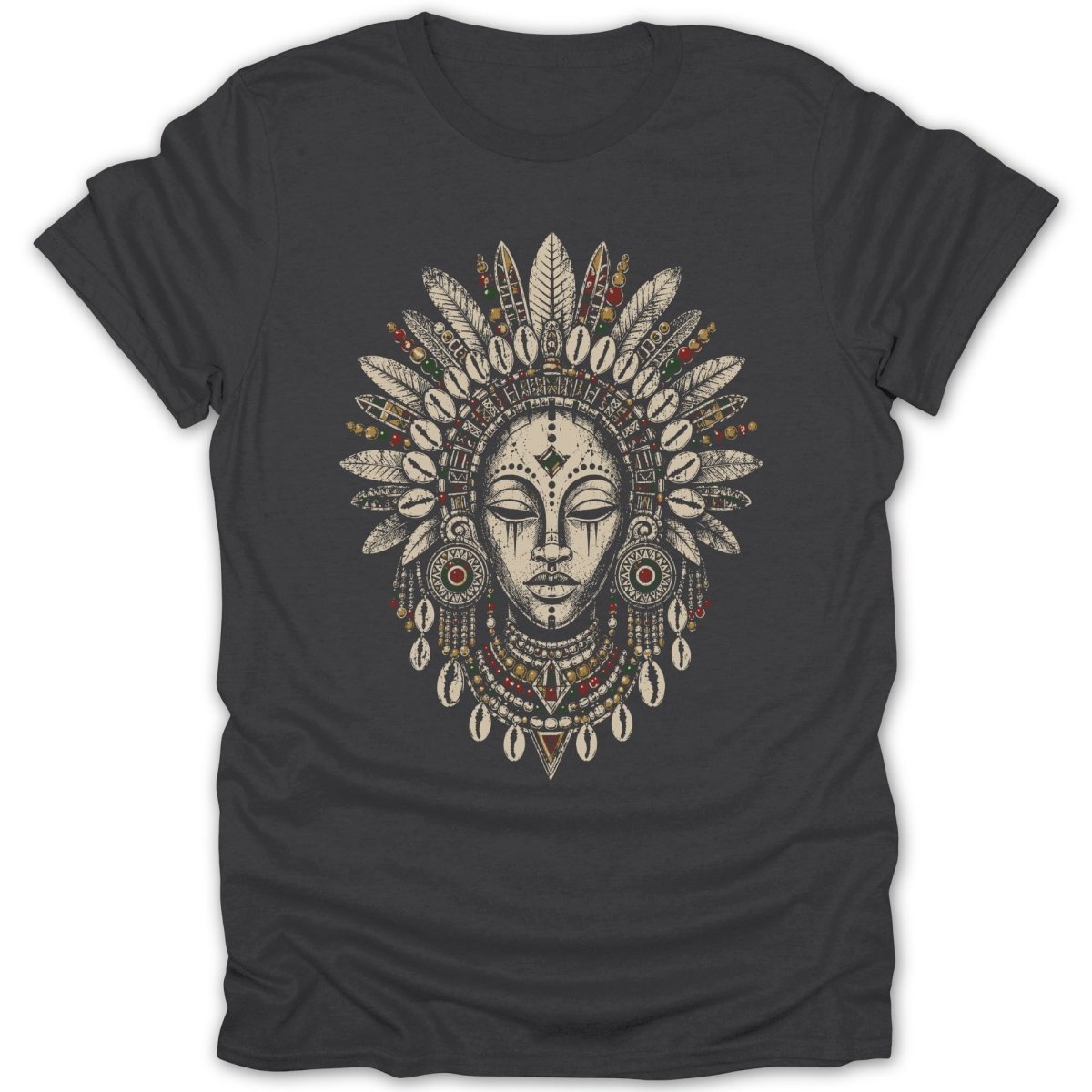 T-shirt featuring a detailed illustration of a woman's face adorned with feathers and beads.