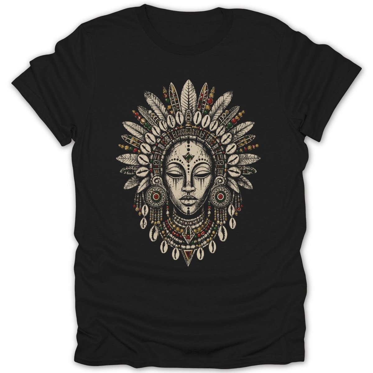 T-shirt with ornate tribal face featuring feathers and shells.