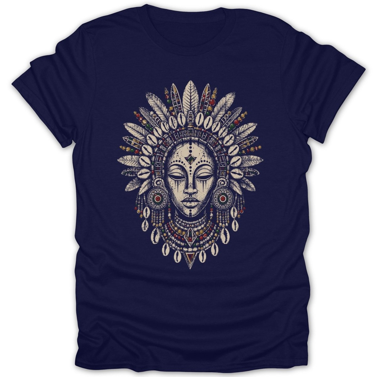T-shirt featuring a tribal mask with feathers, beads, and shells.