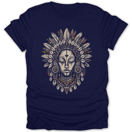T-shirt featuring a tribal mask with feathers, beads, and shells.