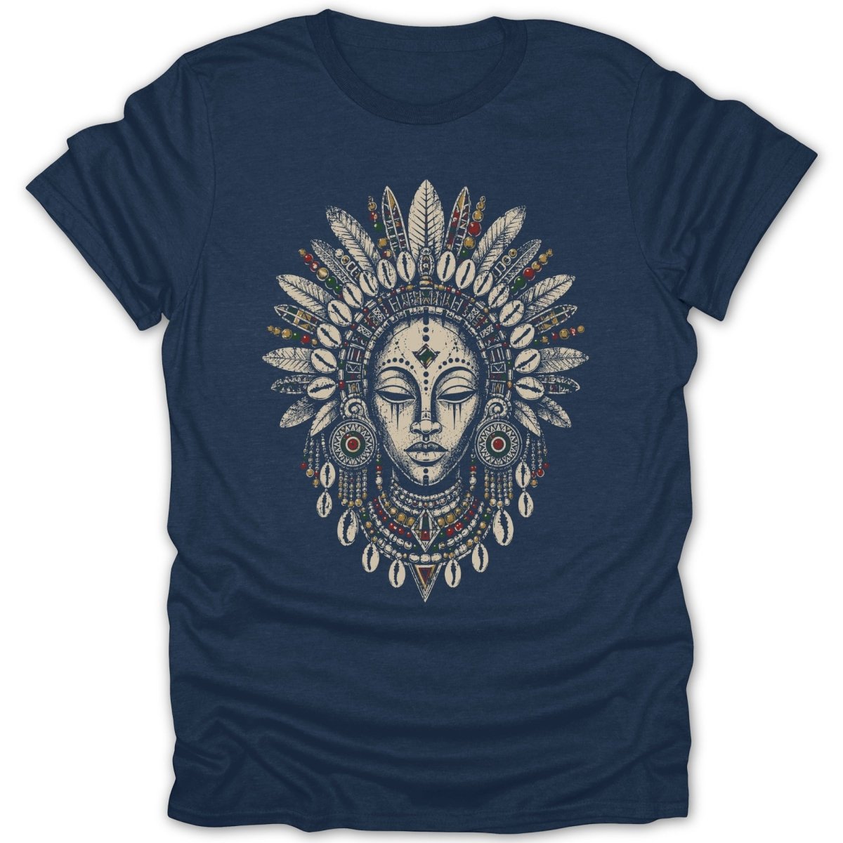Dark blue t-shirt featuring a Native American tribal chief's headdress and face design.
