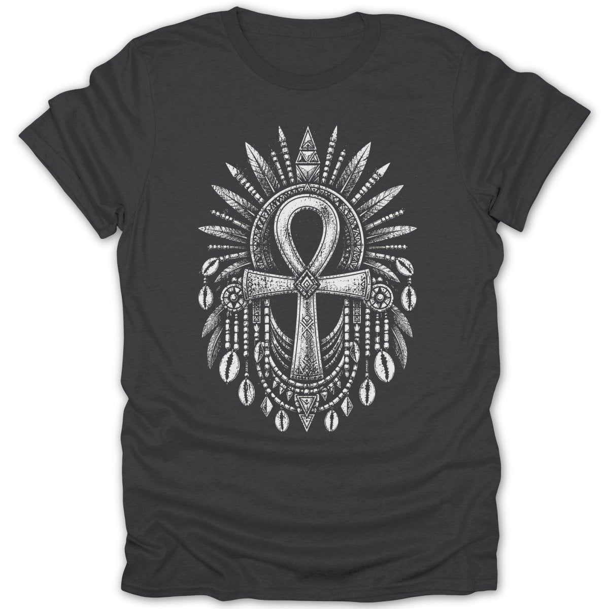 Dark t-shirt with an ornate white ankh symbol surrounded by feathers and shells.