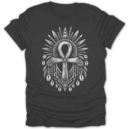 Dark t-shirt with an ornate white ankh symbol surrounded by feathers and shells.