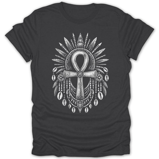 Dark t-shirt with an ornate white ankh symbol surrounded by feathers and shells.