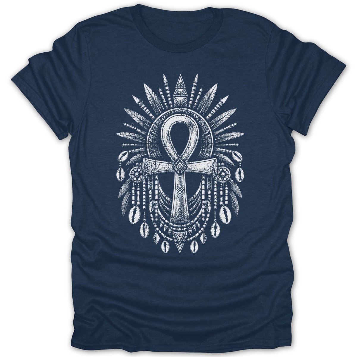 Navy t-shirt with white ankh design featuring feathers, beads, and shells.