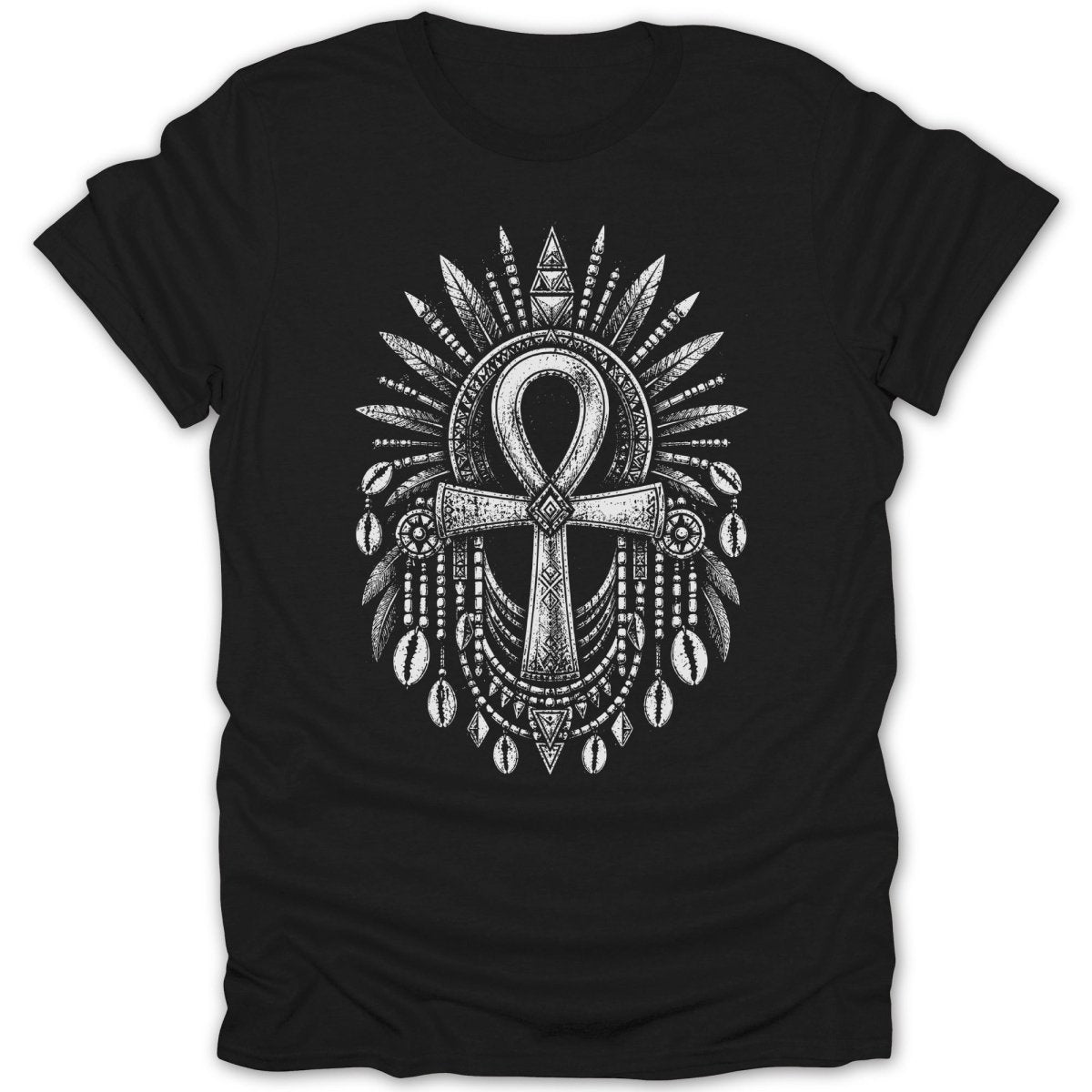 Black t-shirt with an ankh symbol surrounded by feathers and shells.