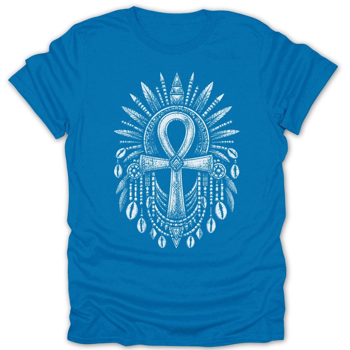 Blue t-shirt with a white ankh and decorative headdress design.