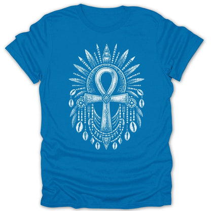 Blue t-shirt with a white ankh and decorative headdress design.