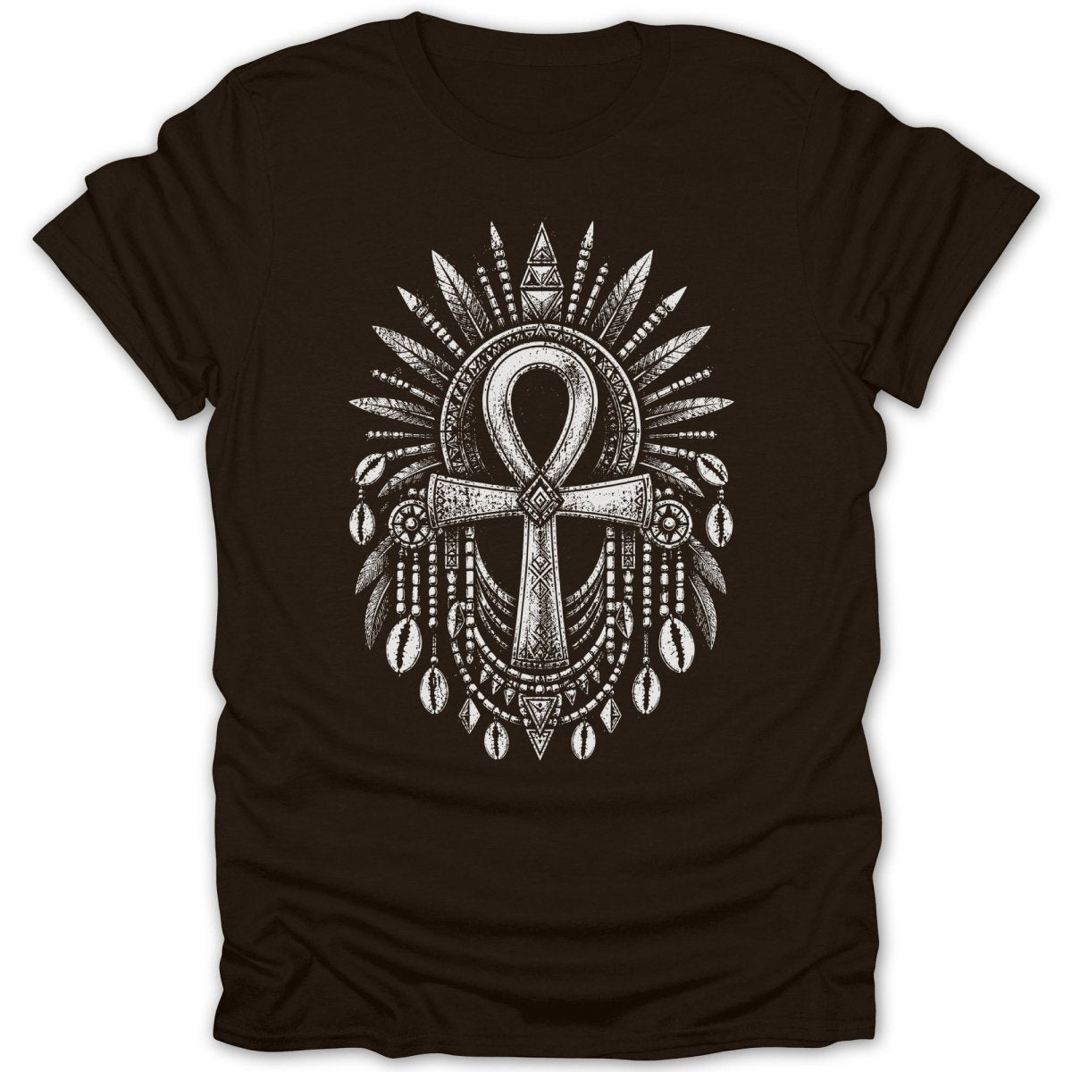Brown t-shirt with a white ankh symbol adorned with feathers and shells.