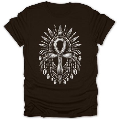Brown t-shirt with a white ankh symbol adorned with feathers and shells.
