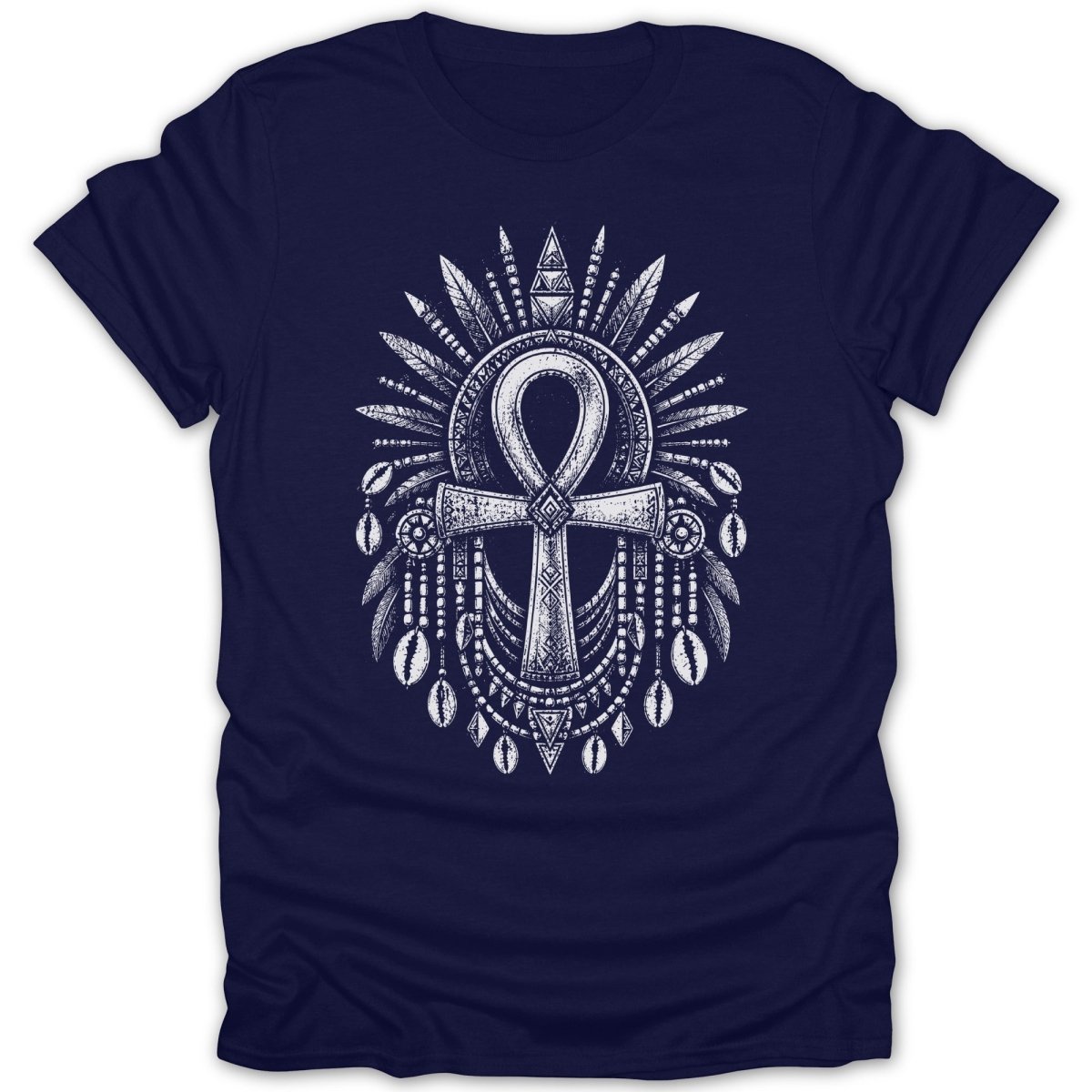 Navy t-shirt with white ankh symbol surrounded by feathers and shells.