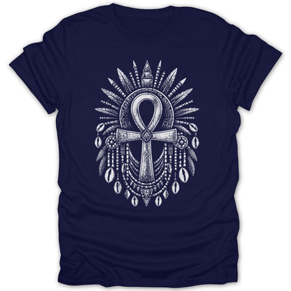 Navy t-shirt with white ankh symbol surrounded by feathers and shells.