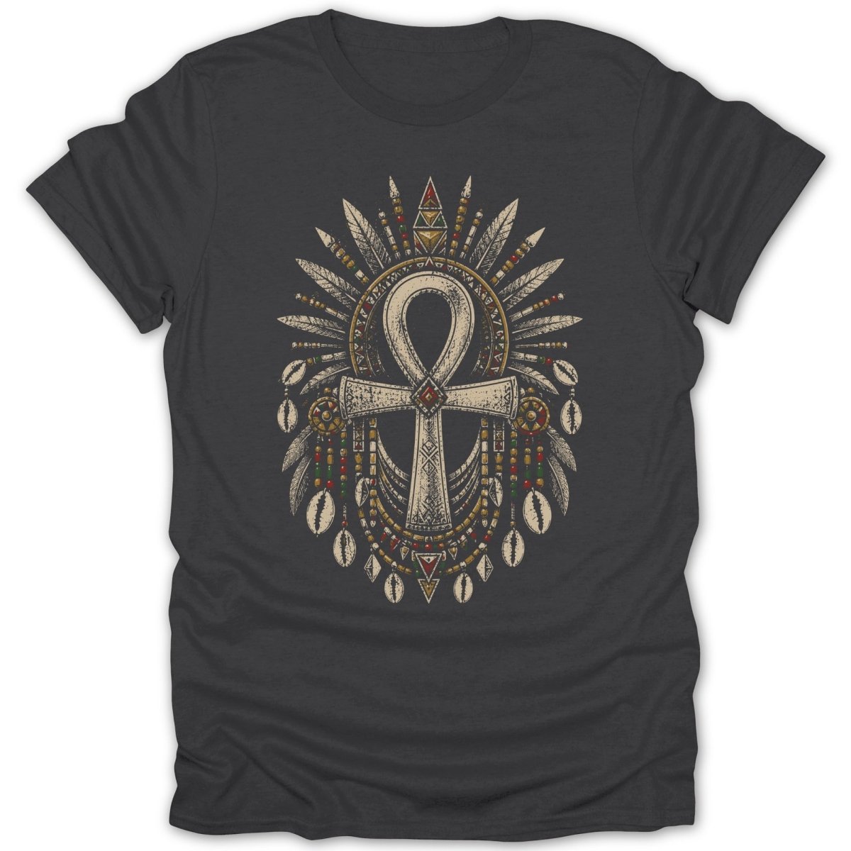 Dark t-shirt featuring an ankh symbol with tribal feather and shell embellishments.