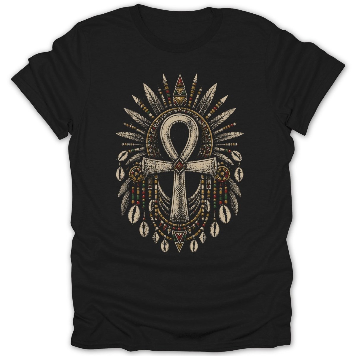 Black t-shirt with an ornate ankh design featuring feathers and beads.