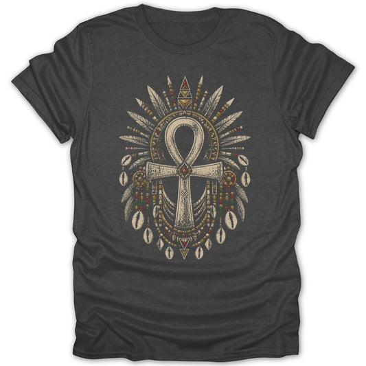 T-shirt graphic: ankh symbol with feathers, beads, and shells.
