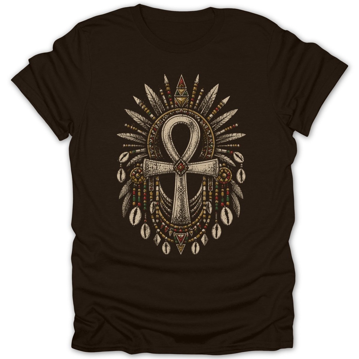 Brown t-shirt with an ankh symbol surrounded by feathers and beads.