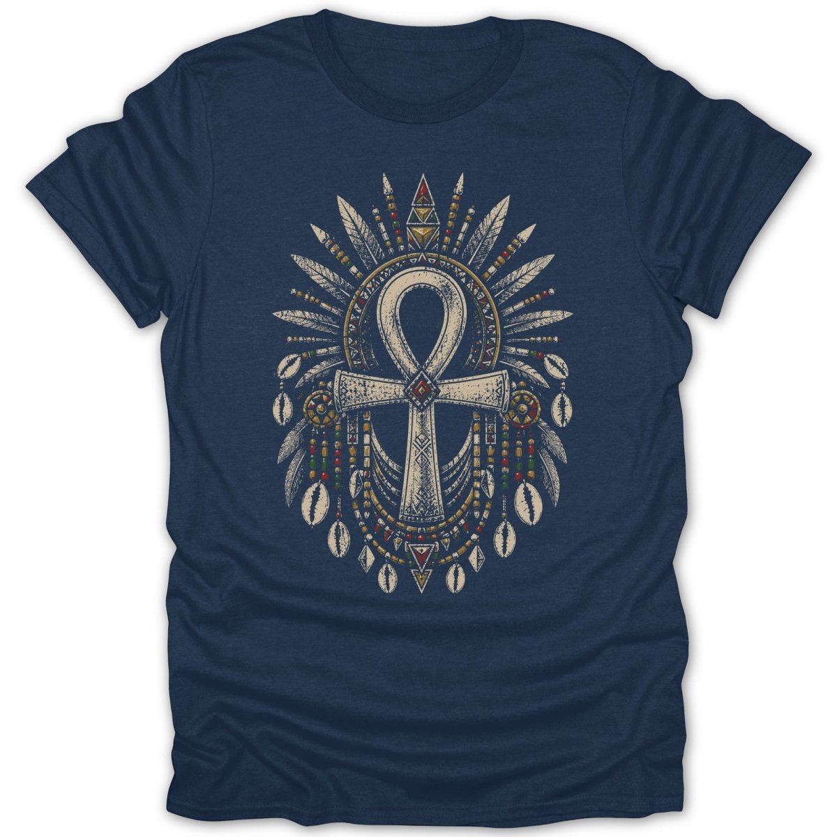 Ankh symbol with feathers, beads, and shells on a navy blue t-shirt.