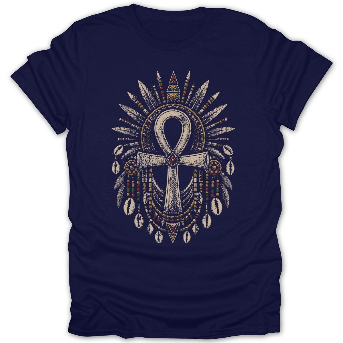 Navy t-shirt with an Ankh symbol surrounded by feathers and beads.