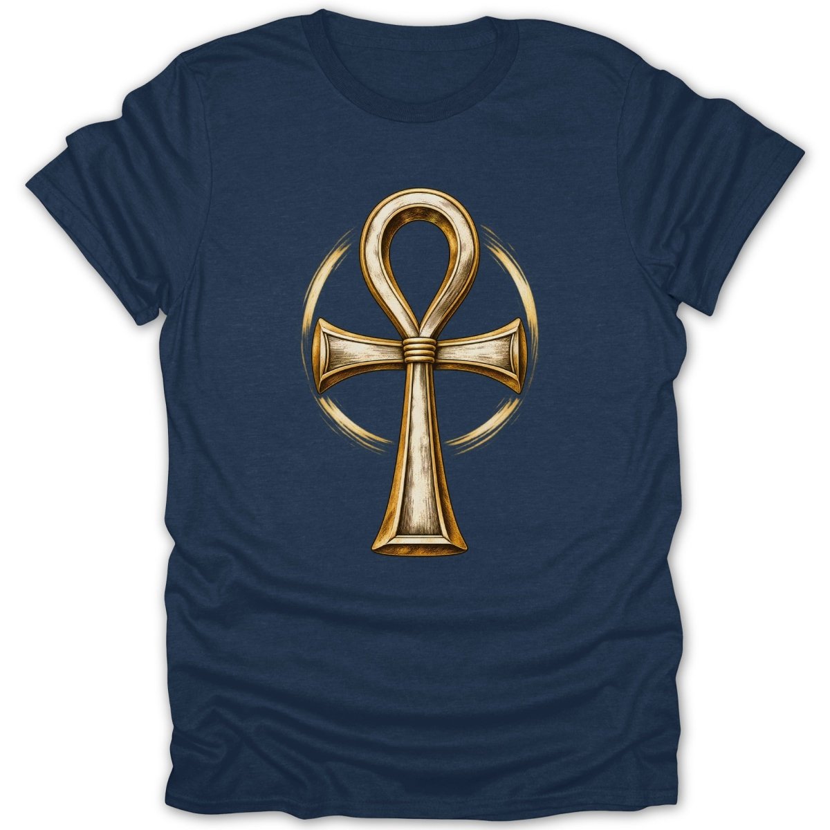 Gold ankh symbol on a dark blue t-shirt, with a golden halo behind it.