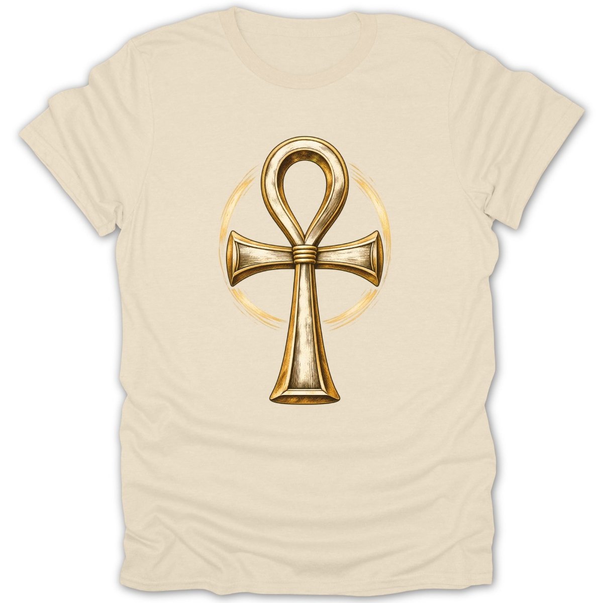 Gold ankh symbol with golden circle on a cream t-shirt.