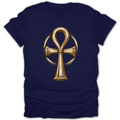 Navy blue t-shirt with a gold ankh symbol surrounded by a golden circle.