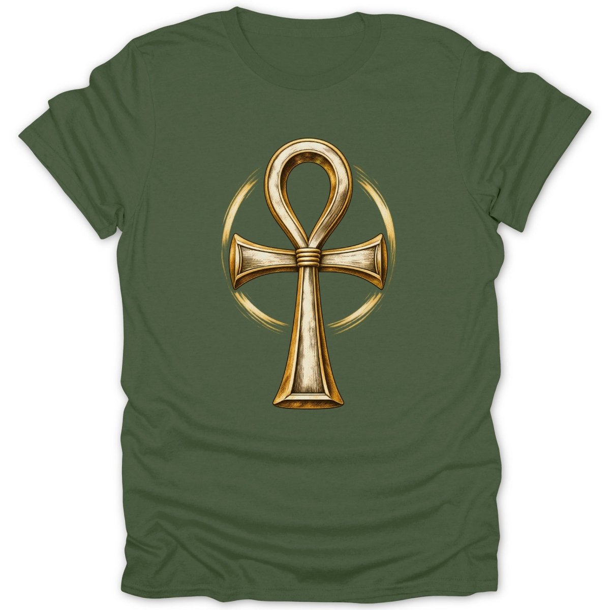 Green t-shirt with a gold ankh symbol and circular brush strokes.