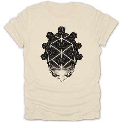 Black and white geometric drawing of a person's head with braided buns on a cream t-shirt.