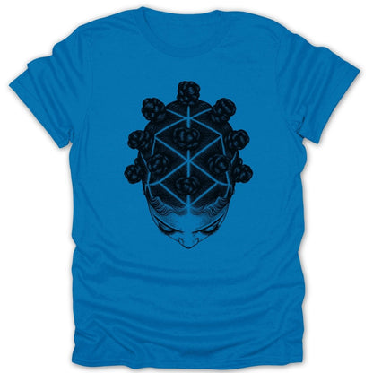Blue t-shirt with black graphic of a head with braided Bantu knots and geometric lines.