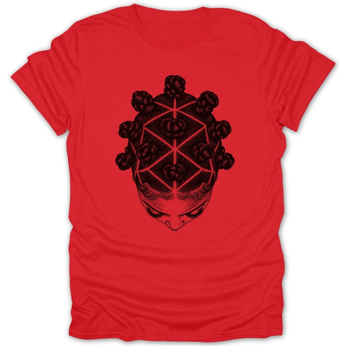 Red t-shirt with black line drawing of a woman's head and Bantu knots.