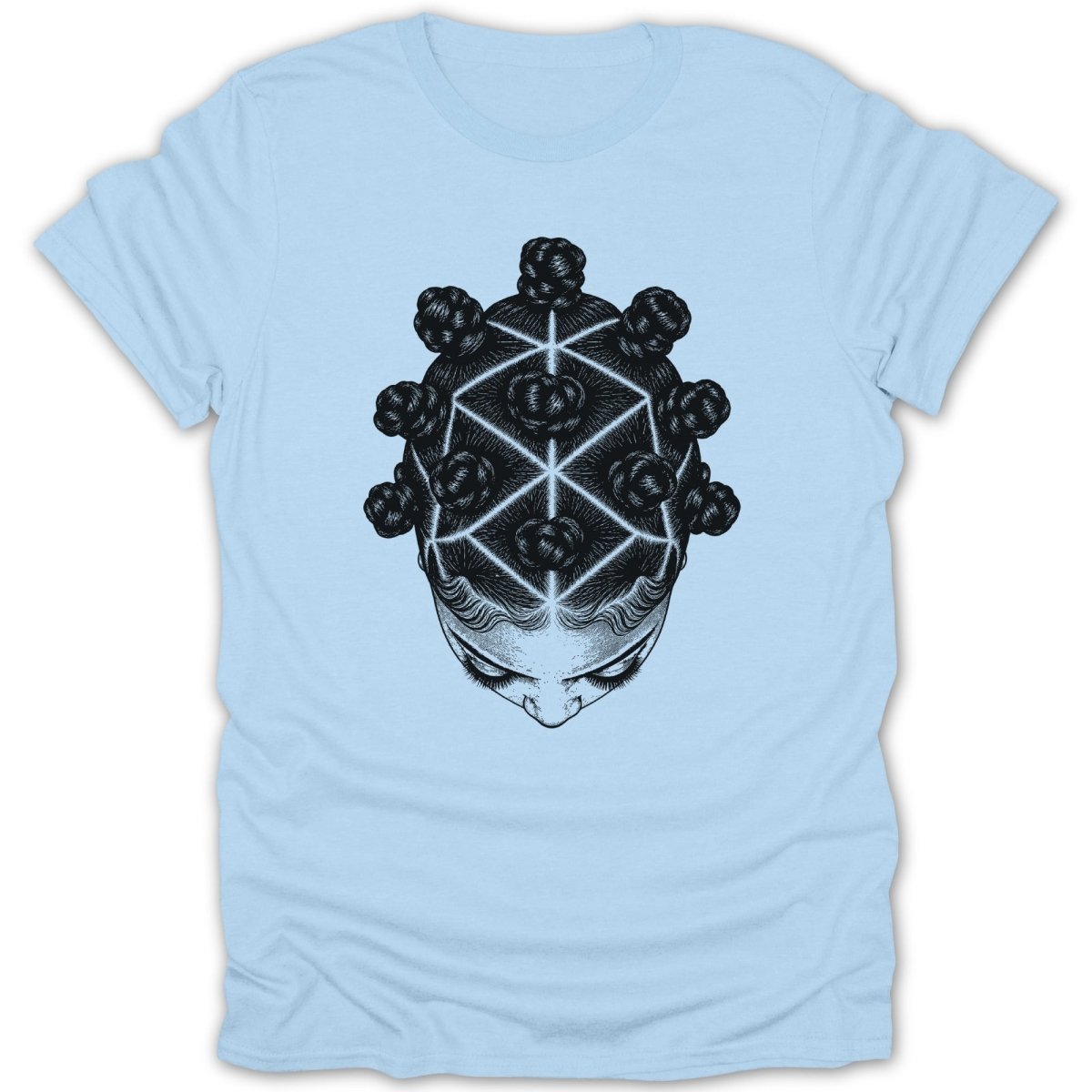 Light blue t-shirt with a black ink illustration of a woman's head from above.