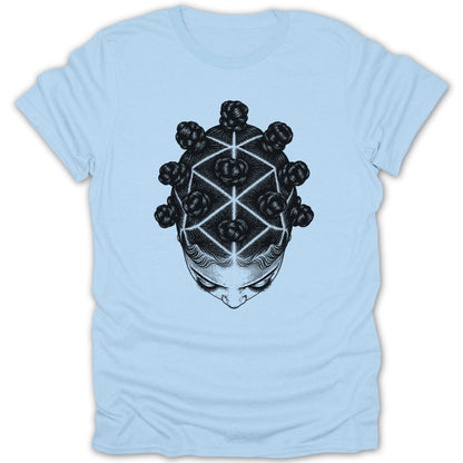 Light blue t-shirt with a black ink illustration of a woman's head from above.