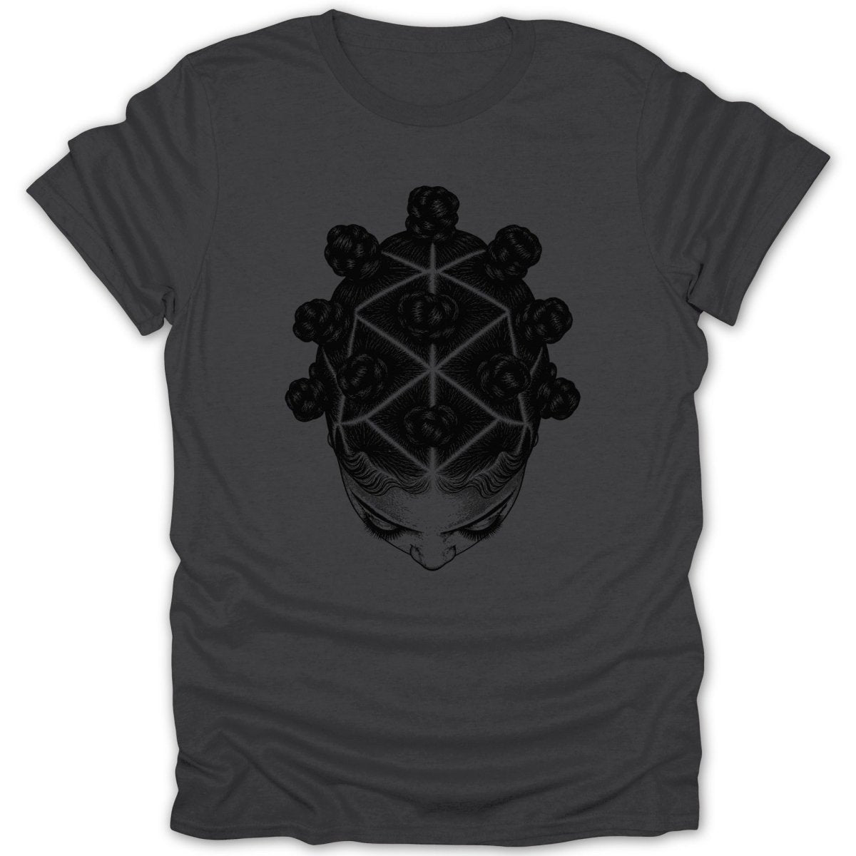 T-shirt with black ink illustration of a woman's head with geometric Bantu knots.