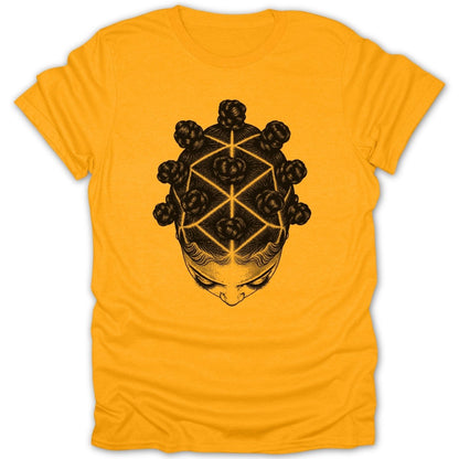 Black graphic on yellow t-shirt of a woman's head with geometric Bantu knots hairstyle.