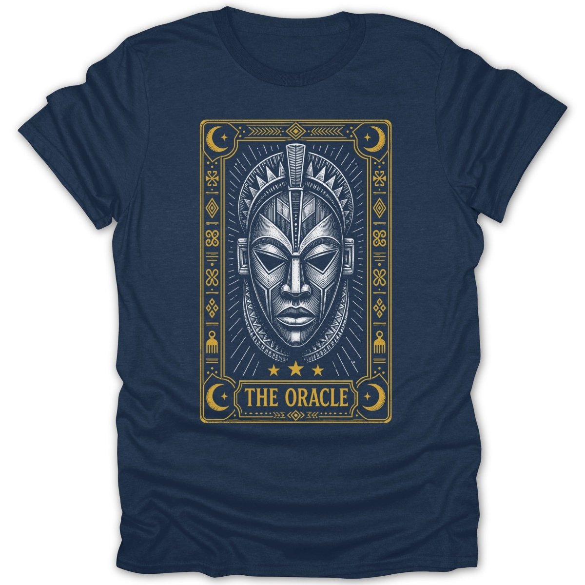 T-shirt featuring a gold and white stylized mask with stars and cosmic symbols.