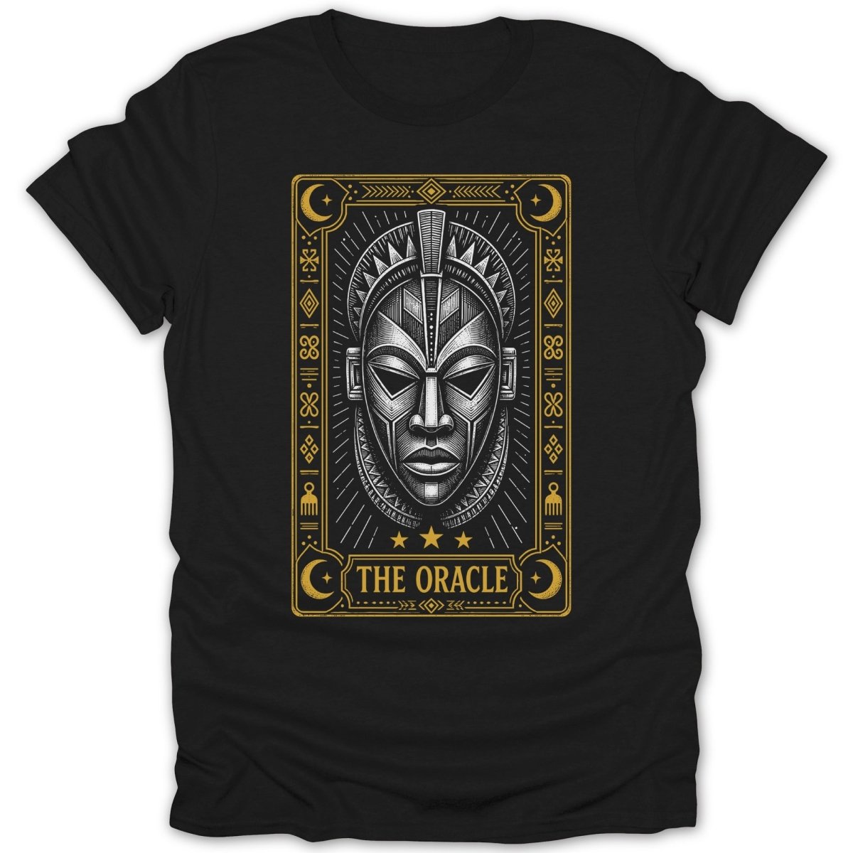 Black t-shirt with a gold and black oracle mask design.