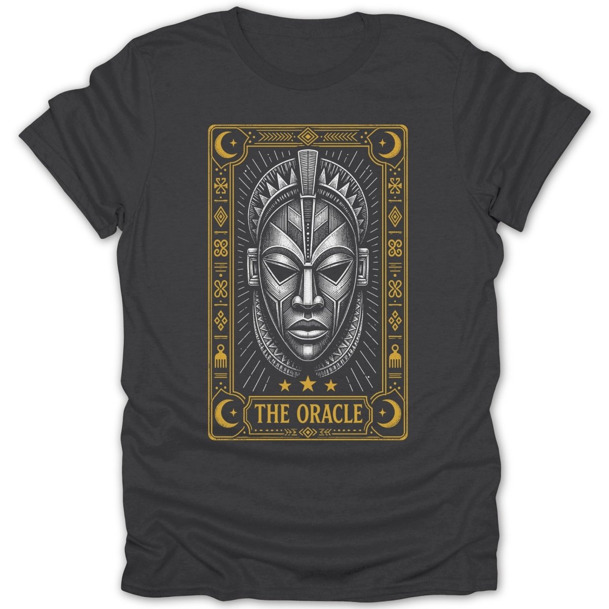 Dark t-shirt with a yellow and black tarot card design featuring a stylized mask.