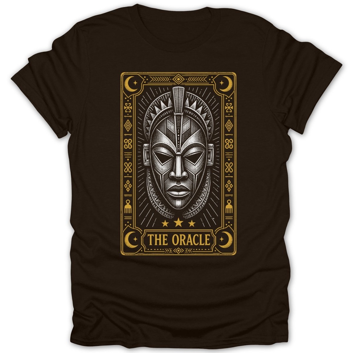 Oracle tarot card with a stylized mask design and celestial accents.