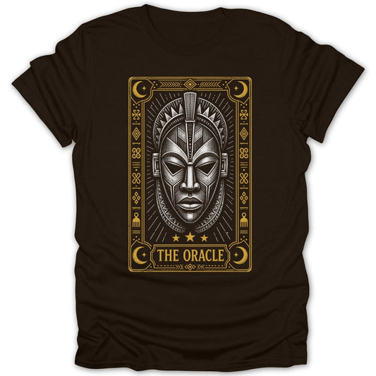 Oracle tarot card with a stylized mask design and celestial accents.