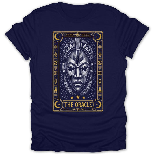 Navy t-shirt with a gold and white graphic of an ornate mask and stars.