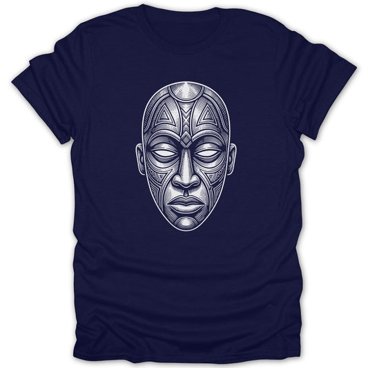Dark blue t-shirt with a white tribal mask design on the front.