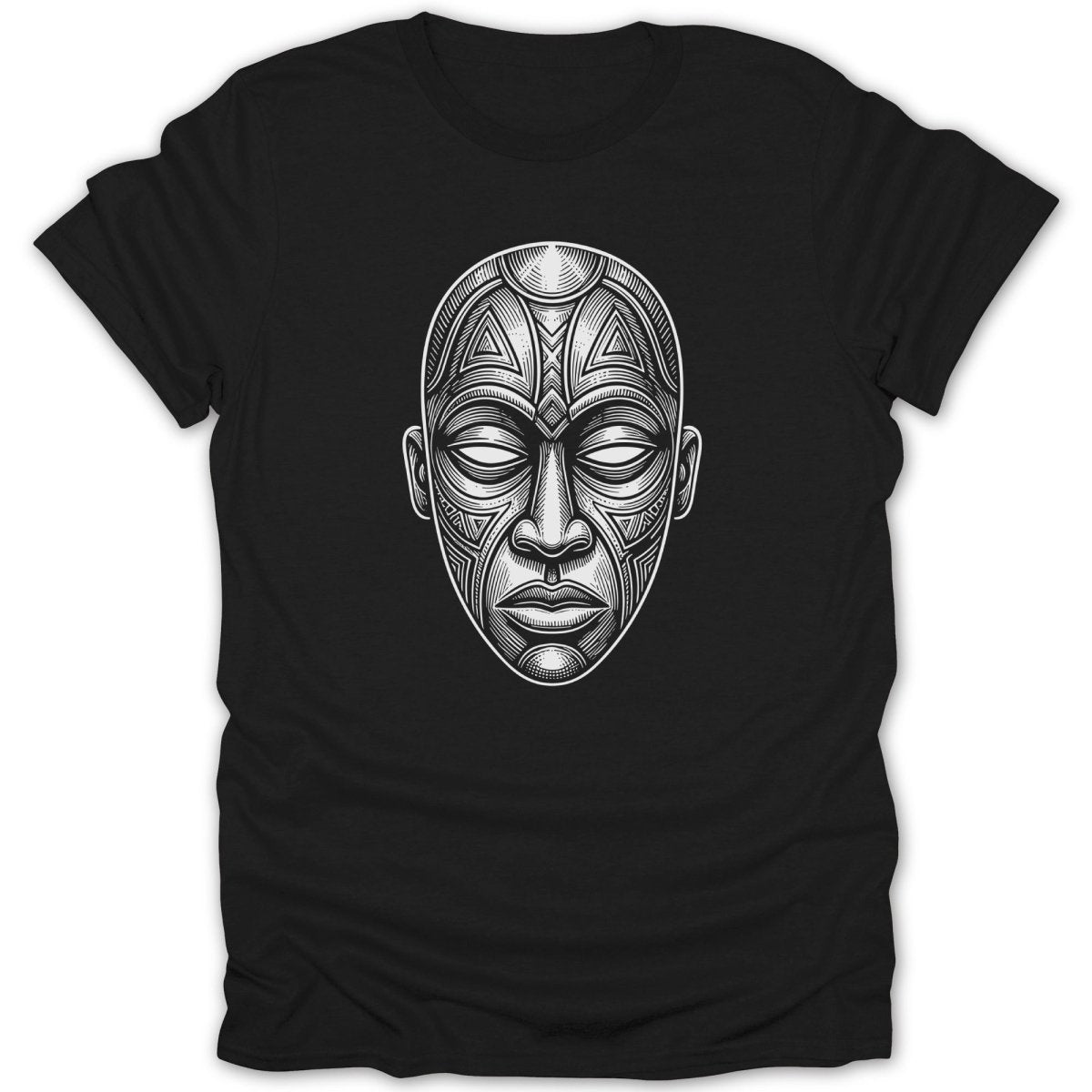 Black t-shirt with a detailed tribal mask illustration in white.