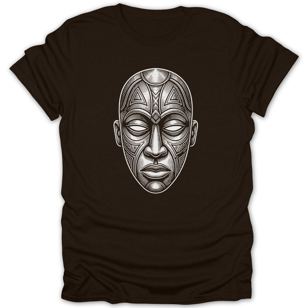 T-shirt with a black and white tribal mask design.
