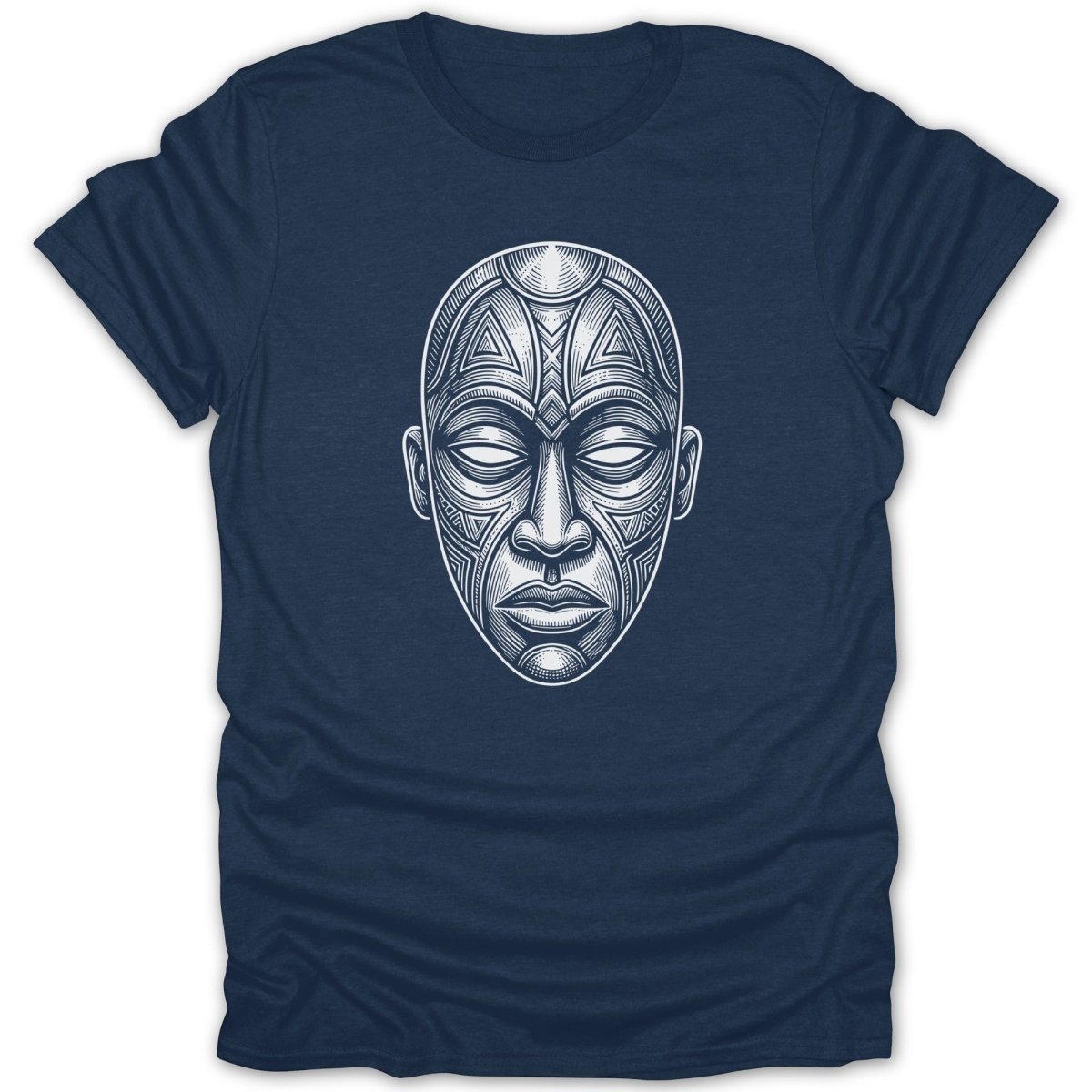 T-shirt with a white line drawing of an African mask.