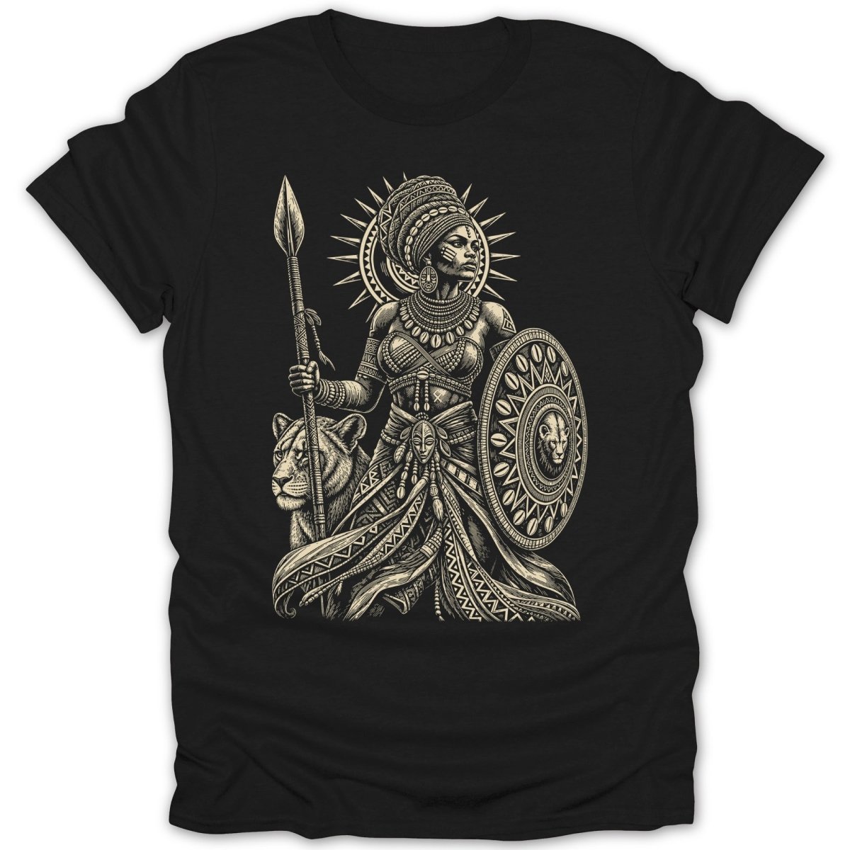 Black t-shirt with a detailed illustration of a warrior woman and a lion.
