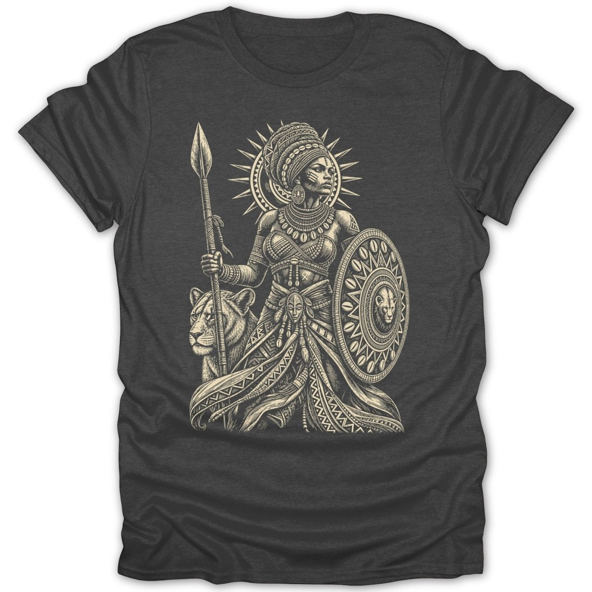 Illustration of woman warrior with spear and lion on charcoal t-shirt.
