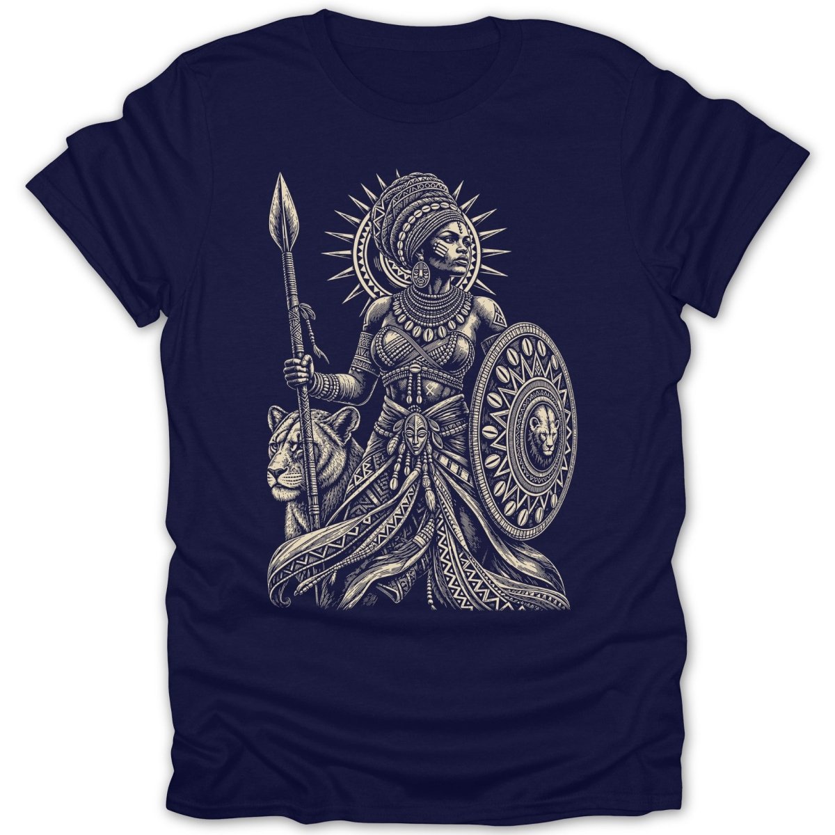 Warrior woman with spear, shield, and lion, on dark blue t-shirt.