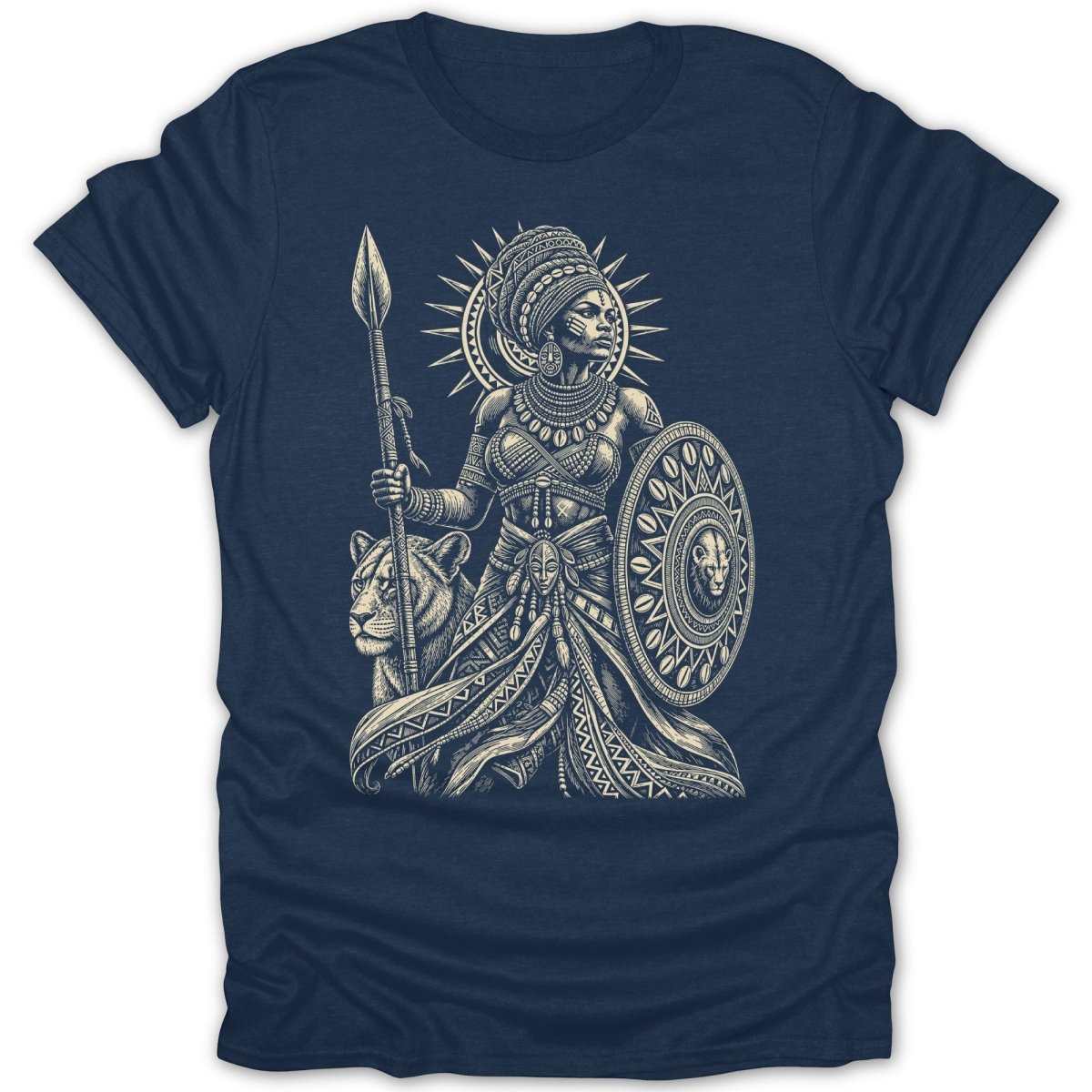 T-shirt with a dark blue background featuring an etched design of a woman with a spear and shield.