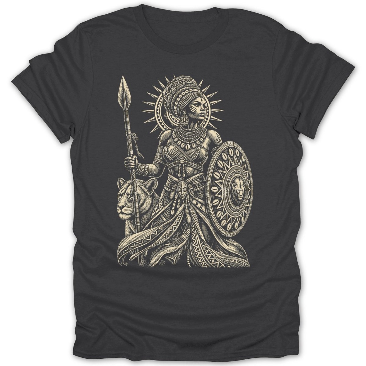 Detailed illustration of a warrior woman with a lion and spear on a dark t-shirt.